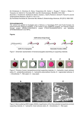 [3] Christenson A, Dimcheva N, Elena, Ferapontova EE, Gorton L, Ruzgas T, Stoica L, Shleev S,
Yaropolov AI, Haltrich D, Thorneley RNF, Aust SD, Electroanalysis, 16 (2004) 1074-1092
[4] Cortez J, Vorobieva E, Gralheira D, Osório I, Soares L, Vale N, Pereira E, Gomes P, Franco R, Journal
of Nanoparticle Research, 13 (2011) 1101-1113
[5] Fernández-Fernández M, Sanromán MA, Moldes D, Biotechnology Advances, 31 (2013) 1808-1825
Acknowledgements
The authors are grateful to Fundação para a Ciência e a Tecnologia (FCT) and Fundo Europeu de
Desenvolvimento Regional (FEDER), in the context of the COMPETE program, for financial support
through project UID/MULTI/04378/2013, project PTDC/CTM-NAN/2912/2014, and fellowship
SFRH/BD/95983/2013 (for MPA).
Figures
Figure 1. Schematic representation of bionanoconjugates assembling on supporting materials.
A B C D E F G
Figure 2. Pictures of seven nanoparticle-enriched supporting materials. A – hydrophilic mixed cellulose
esters, B – polytetrafluoroethylene, C – hydrophilic polyvinylidene fluoride, D – regenerated cellulose, E
– nitrocellulose, F – filter paper, G – copy paper.
A B C
Figure 3. Back-scattering SEM images (50000x magnification) of the three selected nanoparticle-enriched
supporting materials. A – hydrophilic mixed cellulose esters, B – nitrocellulose, C – filter paper.
 