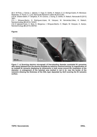[9] V. M Prida, J. García, L. Iglesias, V. Vega, D. Görlitz, K. Nielsch, E. D. Barriga-Castro, R. Mendoza-
Reséndez, A. Ponce, C. Luna, Nanoscale Research Letters 8 (2013) 263.
[10] M. Shaker-Salem, P. Sergelius, R. M. Corona, J. Escrig, D. Görlitz, K. Nielsch, Nanoscale 5 (2013)
3941.
[11] I. Minguez-Bacho, S. Rodríguez-López, M. Vázquez, M. Hernández-Vélez, K. Nielsch,
Nanotechnology 25 (2014) 145301.
[12] O Iglesias-Freire, C. Bran, E. Berganza, I. Mínguez-Bacho, C. Magén, M. Vázquez, A. Asenjo,
Nanotechnology 26 (2015) 395702.
Figures
SiO2
(a) (b) (c)
Figure 1: a) Scanning electron micrograph of free-standing diameter modulated Ni nanowires
after being released from the alumina template by selective chemical etching; b) magnification of
an isolated Ni nanowire displaying its dimensions in both zones around the modulation of the
diameter; c) enlargement of the selected area marked in red in b), near the border of the
nanowire showing the thickness of the SiO2 layer deposited by ALD covering the Ni nanowire
surface.
TOPIC: Nanomaterials ORAL
 