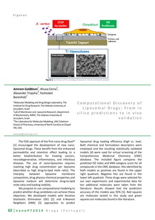 62 | n a n o P T 2 0 1 6 B r a g a ( P o r t u g a l )
F i g u r e s
Figure 1: Summary of the strategy followed in the Nanoimplant project
Amiram Goldblum1
, Ahuva Cerna2
,
Alexander Tropsha
3
, Yechezkel
Barenholz2
1
Molecular Modeling and Drug Design Laboratory, The
Institute for Drug Research, The Hebrew University of
Jerusalem, Israel
2
Lab of Membrane and Liposome Research, Department
of Biochemistry, IMRIC, The Hebrew University of
Jerusalem, Israel
3
The Laboratory for Molecular Modeling, UNC Eshelman
School of Pharmacy, University of North Carolina at Chapel
Hill, USA
amiram@vms.huji.ac.il
C o m p u t a t i o n a l D i s c o v e r y o f
L i p o s o m a l D r u g s : F r o m i n
s i l i c o p r e d i c t i o n s t o i n v i v o
v a l i d a t i o n
The FDA approval of the first nano-drug Doxil®
[1] encouraged the development of new nano-
liposomal drugs. These benefit from the enhanced
permeability and retention effect leading to a
better biodistribution for treating cancers,
neurodegenerative, inflammatory, and infectious
diseases. The use of nano-liposomes requires
reaching high drug concentration per liposome
(described as high drug-to-lipid mole ratio). The
interplay between liposome membrane
composition, drug physico-chemical properties and
liposome medium will determine drug-to-lipid
mole ratio and loading stability.
We propose to use computational modeling to
predict whether drug candidates can achieve these
objectives. We developed models with Iterative
Stochastic Elimination (ISE) [2] and k-Nearest
Neighbors (kNN) [3] approaches to predict
liposomal drug loading efficiency (high vs. low).
Both chemical and formulation descriptors were
employed and the resulting statistically validated
models [4] were used for virtual screening of the
Comprehensive Medicinal Chemistry (CMC)
database. The included figure compares the
predicted ISE index and kNN category score for all
compounds in the CMC database. Hits identified by
both models as positives are found in the upper
right quadrant. Negative hits are found in the
lower left quadrant. Three drugs were selected for
our own experiments and experimental data for
ten additional molecules were taken from the
literature. Results showed that the prediction
accuracy of the models was 92% [5]. Red squares
are molecules tested in this study and green
squares are molecules found in the literature.
 