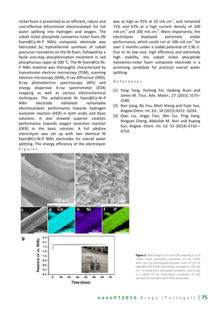 n a n o P T 2 0 1 6 B r a g a ( P o r t u g a l ) | 75
nickel foam is presented as an efficient, robust and
cost-effective bifunctional electrocatalyst for full
water splitting into hydrogen and oxygen. The
cobalt nickel phosphide nanowires-nickel foam (Ni
foam@Co-Ni-P NWs) composite electrode was
fabricated by hydrothermal synthesis of cobalt
precursor nanowires on the Ni foam, followed by a
facile one-step phosphorization treatment in red
phosphorous vapor at 500 °C. The Ni foam@Co-Ni-
P NWs material was thoroughly characterized by
transmission electron microscopy (TEM), scanning
electron microscopy (SEM), X-ray diffraction (XRD),
X-ray photoelectron spectroscopy (XPS) and
energy dispersive X-ray spectrometer (EDX)
mapping as well as various electrochemical
techniques. The asfabricated Ni foam@Co-Ni-P
NWs electrode exhibited remarkable
electrocatalytic performance towards hydrogen
evolution reaction (HER) in both acidic and basic
solutions. It also showed superior catalytic
performance towards oxygen evolution reaction
(OER) in the basic solution. A full alkaline
electrolyzer was set up with two identical Ni
foam@Co-Ni-P NWs electrodes for overall water
splitting. The energy efficiency of the electrolyzer
was as high as 91% at 10 mA cm
-2
, and remained
75% and 67% at a high current density of 100
mA cm
-2
and 200 mA cm
-2
. More importantly, the
electrolyzer displayed extremely stable
performance, which could run at 100 mA cm
-2
for
over 2 months under a stable potential of 1.96 V.
Due to its low cost, high efficiency and extremely
high stability, the cobalt nickel phosphide
nanowires-nickel foam composite electrode is a
promising candidate for practical overall water
splitting.
R e f e r e n c e s
[1] Yang Yang, Huilong Fei, Gedeng Ruan and
James M. Tour, Adv. Mater., 27 (2015) 3175–
3180.
[2] Nan Jiang, Bo You, Meili Sheng and Yujie Sun,
Angew.Chem. Int. Ed., 54 (2015) 6251 –6254.
[3] Qian Liu, Jingqi Tian, Wei Cui, Ping Jiang,
Ningyan Cheng, Abdullah M. Asiri and Xuping
Sun, Angew. Chem. Int. Ed. 53 (2014) 6710 –
6714.
F i g u r e s
Figure 1: SEM images (a-b) and EDX mapping (c-f) of
cobalt nickel phosphide nanowires on the nickel
foam and (g) chronopotentiostatic curve of the Ni
foam@Co-Ni-P NWs electrodes recorded at 100 mA
cm-2
to show their ultrastable durability. Inset of (g)
is a photo of the electrolyzer composed of two
identical Ni foam@Co-Ni-P NWs electrodes.
 