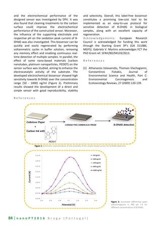 84 | n a n o P T 2 0 1 6 B r a g a ( P o r t u g a l )
and the electrochemical performance of the
designed sensor was investigated by DPV. It was
also found that cleaning treatments to the carbon
surface could improve the electrochemical
performance of the constructed sensor. Moreover,
the influence of the supporting electrolyte and
respective pH on the oxidation peak current of 8-
OHdG was also investigated. This biosensor can be
quickly and easily regenerated by performing
voltammetric cycles in buffer solution, removing
any memory effect and enabling continuous real-
time detection of multiple samples. In parallel, the
effect of some nano-based materials (carbon
nanotubes, platinum nanoparticles, PEDOT) on the
sensor surface was studied, aiming to enhance the
electrocatalytic activity of the substrate. The
developed electrochemical biosensor showed high
sensitivity towards 8-OHdG over the concentration
range [50 - 1000] ng/ml (Figure 2). Preliminary
results showed the development of a direct and
simple sensor with good reproducibility, stability
and selectivity. Overall, this label-free biosensor
constitutes a promising low-cost tool to be
implemented as an easy-to-use protocol for
sensitive detection of 8-OHdG in biological
samples, along with an excellent capacity of
regeneration.
Acknowledgements: European Research
Council is acknowledged for funding this work
through the Starting Grant 3P’s (GA 311086,
MGFS). Gabriela V. Martins acknowledges FCT the
PhD Grant ref. SFRH/BD/94159/2013.
R e f e r e n c e s
[1] Athanasios Valavanidis, Thomais Vlachogianni,
Constantinos Fiotakis, Journal of
Environmental Science and Health, Part C:
Environmental Carcinogenesis and
Ecotoxicology Reviews, 27 (2009) 120-139.
R e f e r e n c e s
Figure 1: Schematic representation of the assembly of the carbon-based sensor for 8-OHdG detection.
Figure 2: Successive differential pulse
voltammograms in PBS pH 7.4 for
different concentrations of 8-OHdG.
 