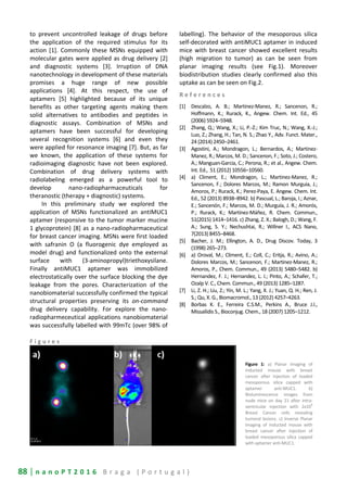 88 | n a n o P T 2 0 1 6 B r a g a ( P o r t u g a l )
to prevent uncontrolled leakage of drugs before
the application of the required stimulus for its
action [1]. Commonly these MSNs equipped with
molecular gates were applied as drug delivery [2]
and diagnostic systems [3]. Irruption of DNA
nanotechnology in development of these materials
promises a huge range of new possible
applications [4]. At this respect, the use of
aptamers [5] highlighted because of its unique
benefits as other targeting agents making them
solid alternatives to antibodies and peptides in
diagnostic assays. Combination of MSNs and
aptamers have been successful for developing
several recognition systems [6] and even they
were applied for resonance imaging [7]. But, as far
we known, the application of these systems for
radioimaging diagnostic have not been explored.
Combination of drug delivery systems with
radiolabeling emerged as a powerful tool to
develop nano-radiopharmaceuticals for
theranostic (therapy + diagnostic) systems.
In this preliminary study we explored the
application of MSNs functionalized an antiMUC1
aptamer (responsive to the tumor marker mucine
1 glycoprotein) [8] as a nano-radiopharmaceutical
for breast cancer imaging. MSNs were first loaded
with safranin O (a fluorogenic dye employed as
model drug) and functionalized onto the external
surface with (3-aminopropyl)triethoxysilane.
Finally antiMUC1 aptamer was immobilized
electrostatically over the surface blocking the dye
leakage from the pores. Characterization of the
nanobiomaterial successfully confirmed the typical
structural properties preserving its on-command
drug delivery capability. For explore the nano-
radiopharmeceutical applications nanobiomaterial
was successfully labelled with 99mTc (over 98% of
labelling). The behavior of the mesoporous silica
self-decorated with antiMUC1 aptamer in induced
mice with breast cancer showed excellent results
(high migration to tumor) as can be seen from
planar imaging results (see Fig.1). Moreover
biodistribution studies clearly confirmed also this
uptake as can be seen on Fig.2.
R e f e r e n c e s
[1] Descalzo, A. B.; Martinez-Manez, R.; Sancenon, R.;
Hoffmann, K.; Rurack, K., Angew. Chem. Int. Ed., 45
(2006) 5924–5948.
[2] Zhang, Q.; Wang, X.; Li, P.-Z.; Kim Truc, N.; Wang, X.-J.;
Luo, Z.; Zhang, H.; Tan, N. S.; Zhao Y., Adv. Funct. Mater.,
24 (2014) 2450–2461.
[3] Agostini, A.; Mondragon, L.; Bernardos, A.; Martinez-
Manez, R.; Marcos, M. D.; Sancenon, F.; Soto, J.; Costero,
A.; Manguan-Garcia, C.; Perona, R.; et al., Angew. Chem.
Int. Ed., 51 (2012) 10556–10560.
[4] a) Climent, E.; Mondragon, L.; Martinez-Manez, R.;
Sancenon, F.; Dolores Marcos, M.; Ramon Murguia, J.;
Amoros, P.; Rurack, K.; Perez-Paya, E. Angew. Chem. Int.
Ed., 52 (2013) 8938–8942. b) Pascual, L.; Baroja, I.; Aznar,
E.; Sancenón, F.; Marcos, M. D.; Murguía, J. R.; Amorós,
P.; Rurack, K.; Martínez-Máñez, R. Chem. Commun.,
51(2015) 1414–1416. c) Zhang, Z. X.; Balogh, D.; Wang, F.
A.; Sung, S. Y.; Nechushtai, R.; Willner I., ACS Nano,
7(2013) 8455–8468.
[5] Bacher, J. M.; Ellington, A. D., Drug Discov. Today, 3
(1998) 265–273.
[6] a) Oroval, M.; Climent, E.; Coll, C.; Eritja, R.; Avino, A.;
Dolores Marcos, M.; Sancenon, F.; Martinez-Manez, R.;
Amoros, P., Chem. Commun., 49 (2013) 5480–5482. b)
Hernandez, F. J.; Hernandez, L. I.; Pinto, A.; Schafer, T.;
Ozalp V. C., Chem. Commun., 49 (2013) 1285–1287.
[7] Li, Z. H.; Liu, Z.; Yin, M. L.; Yang, X. J.; Yuan, Q. H.; Ren, J.
S.; Qu, X. G., Biomacromol., 13 (2012) 4257–4263.
[8] Borbas K. E., Ferreira C.S.M., Perkins A., Bruce J.I.,
Missailidis S., Bioconjug. Chem., 18 (2007) 1205–1212.
F i g u r e s
Figure 1: a) Planar imaging of
inducted mouse with breast
cancer after injection of loaded
mesoporous silica capped with
aptamer anti-MUC1. b)
Bioluminescence images from
nude mice on day 21 after intra-
ventricular injection with 2x10
6
Breast Cancer cells revealing
tumoral lesions. c) Inverse Planar
imaging of inducted mouse with
breast cancer after injection of
loaded mesoporous silica capped
with aptamer anti-MUC1.
 