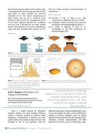 98 | n a n o P T 2 0 1 6 B r a g a ( P o r t u g a l )
We also demonstrate highly uniform (better than
+-1%) negative EBL resist coating up to 80 nm thick
(see Figure 3) which provides the minimum
resolution of our EBL system [2].Gathering all
these factors, we can set a maximum value
tolerance (~250 nm) for the misalignment of the
mix & match exposure between BE, nanopillars
and vias using a WF=500 µm for single isolated
devices. This conditions are crucial in expediting a
large yield MTJ nanofabrication process run for
150 mm wafers towards commercialization of
nanodevices.
R e f e r e n c e s
[1] D.Leitão, E. Paz, A. Silva et al., IEEE
Transactions on Magnetics 50, No. 11 (2014)
[2] R. Macedo, J. Borme, R. Ferreira et al., Journal of
nanoscience and nanotechnology 10, 2010, 1-7
[3] D. Leitão, R. Macedo, A. Silva et al.,
Proceedings of the IEEE Conference on
Nanotechnology, 2012
F i g u r e s
Figure 1: Illustration of the nano fabrication process from bottom electrode definition until metallization of top electrode (a)-(d), highlighting the
critical steps of nanopillars definition (b) and definition and opening of electrical vias to pillars after passivation (c) . Top: 3D model of the fabrication
process. Bottom: Section of the MTJ device during fabrication process.
Figure 2: Statistical analysis of horizontal misalignment
between consecutive write-fields exposures in a 20 x 20 mm2
map on 150 mm wafer. The inset shows: a) SEM image of
misaligned exposed structures and b) design of test structures
for automaticquantification of local deviations
Figure 3: Left: 3D negative EBL resist profile thickness along a 150 mm wafer
measured by ellipsometry; Right: Uniformity thickness profile of negative EBL resist
D. M. F. Prazeres, A. M. M. Rosa, J. R. C.
Trabuco, A. R.M. Almeida
iBB - Institute for Bioengineering and Biosciences,
Department of Bioengineering, Instituto Superior Técnico,
Universidade de Lisboa, Lisboa, Portugal
miguelprazeres@tecnico.ulisboa.pt
C a r b o h y d r a t e b i n d i n g
m o d u l e s a s a g e n e r i c t o o l t o
a n c h o r b i o m o l e c u l e s a n d
m e t a l n a n o p a r t i c l e s o n t h e
s u r f a c e o f p a p e r - b a s e d
b i o s e n s o r s
There is a global demand for affordable,
sensitive, selective and rapid analytical platforms
usable in low-tech contexts to perform health
diagnostics, environmental monitoring and food
quality testing. Paper-based analytical devices have
emerged as one of such platforms, with the
additional advantages of being biodegradable, easy-
to-use and portable [1]. Paper can be modified and
adapted to perform biological assays by adding
appropriate biorecognition and reporting agents (e.g.
antibodies, enzymes, oligonucleotides and DNA
aptamers) to the test areas [2]. Additionally, paper
 