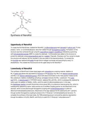 Synthesis of NanoKid

Upperbody of NanoKid
To create the first NanoPutian, dubbed the NanoKid, 1,4-dibromobenzene was iodinated in sulfuric acid. To this
product, “arms”, or 3,3-Dimethylbutyne, were then added through Sonogashira coupling. Formylation of this
structure was then achieved through using the organolithium reagent n-butyllithium followed by quenching
with N,N-dimethylformamide (DMF) to create the aldehyde. 1,2-Ethanediol was added to this structure to
protect the aldehyde using p-toluenesulfonic acid as a catalyst. Originally, Chanteau and Tour aimed to couple
this structure with alkynes, but this resulted in very low yields of the desired products. To remedy this,
the bromide was replaced withiodide through lithium-halogen exchange and quenching by using 1,2diiodoethane. This created the final structure of the upper body for the NanoKid.[1]

Lowerbody of NanoKid
The synthesis of NanoPutian’s lower body begins with nitroaniline as a starting material. Addition of
Br2 in acetic acid places two equivalents of bromine on the benzene ring. NH2 is an electron donating group,
and NO2 is an electron withdrawing group, which both direct bromination to the meta position relative to the
NO2 substituent. Addition of [[NaNO2]], [[H2SO4]], and EtOH removes the NH2¬ substituent. The Lewis
acid SnCl2, a reducing agent in THF/EtOH solvent, replaces NO2 with NH2, which is subsequently replaced by
iodine upon the addition of NaNO2, H2SO4, and KI to yield 3,5-dibromoiodobenzene. In this step,
the Sandmeyer reaction converts the primary amino group (NH2) to a diazonium leaving group (N2), which is
subsequently replaced by iodine. Iodine serves as an excellent coupling partner for the attachment of the
stomach, which is executed through Sonogashira coupling with trimethylsilylacetylene to yield 3,5dibromo(trimethylsilylethynyl)benzene. Attachment of the legs replaces the Br substituents with 1-pentyne
through another Sonogashira coupling to produce 3,5-(1′-Pentynyl)-1-(trimethylsilylethynyl) benzene. To
complete the synthesis of the lower body, the TMS protecting group is removed by selective deprotection
through the addition of K2CO3, MeOH, and CH2Cl2 to yield 3,5-(1′-Pentynyl)-1-ethynylbenzene.[1]

 