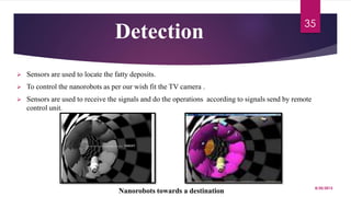 Detection
 Sensors are used to locate the fatty deposits.
 To control the nanorobots as per our wish fit the TV camera .
 Sensors are used to receive the signals and do the operations according to signals send by remote
control unit.
Nanorobots towards a destination
8/20/2015
35
 