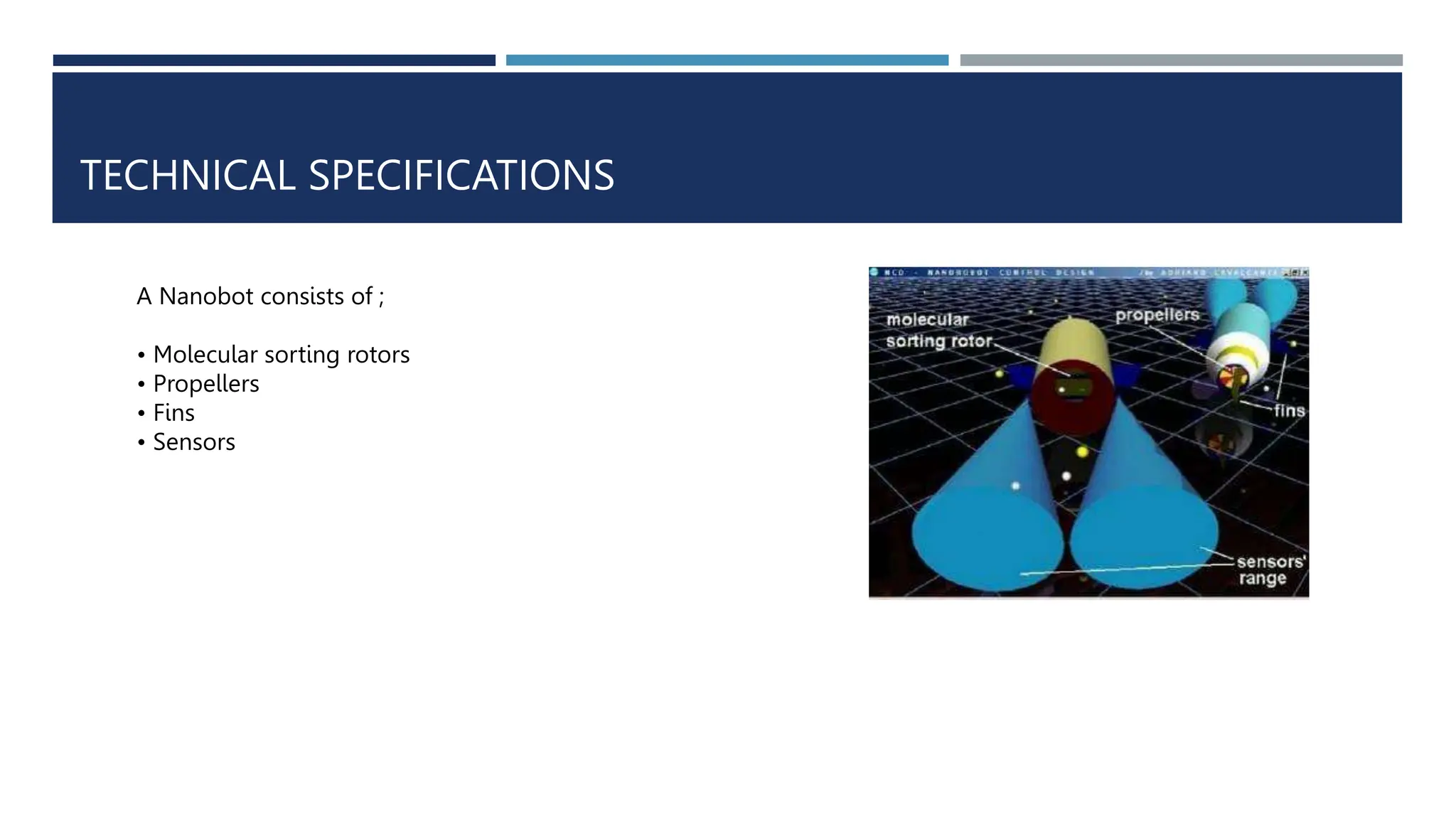 TECHNICAL SPECIFICATIONS
A Nanobot consists of ;
• Molecular sorting rotors
• Propellers
• Fins
• Sensors
 