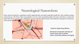 Neurological Nanorobots
Nano robots are injectors, containing a yellow liquid that they can inject using their needle tip. They could be treating
a brain disease. The Nano robots use propellers to move in the surrounding liquid. The nerve cells have a central cell
body (that can be as large as 0.1 millimeters across), with thin threads (axons and dendrites) forming the connections
of the neural network.

Used for target drug delivery

Advanced nanorobots will keep all
human body cells in perfect
repair, preventing disease and aging.

 