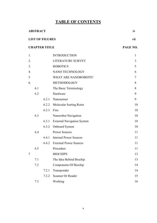 v
TABLE OF CONTENTS
ABSTRACT iv
LIST OF FIGURES vii
CHAPTER TITLE PAGE NO.
1. INTRODUCTION 1
2. LITERATURE SURVEY 3
3. ROBOTICS 5
4. NANO TECHNOLOGY 6
5 WHAT ARE NANOROBOTS? 7
6. METHODOLOGY 8
6.1 The Basic Terminology 8
6.2 Hardware 9
6.2.1 Nanosensor 9
6.2.2 Molecular Sorting Rotor 10
6.2.3 Fins 10
6.3 Nanorobot Navigation 10
6.3.1 External Navigation System 10
6.3.2 Onboard System 10
6.4 Power Sources 11
6.4.1 Internal Power Sources 11
6.4.2 External Power Sources 11
6.5 Procedure 11
7 BIOCHIPS 13
7.1 The Idea Behind Biochip 13
7.2 Components Of Biochip 14
7.2.1 Transponder 14
7.2.2 Scanner Or Reader 15
7.3 Working 16
 