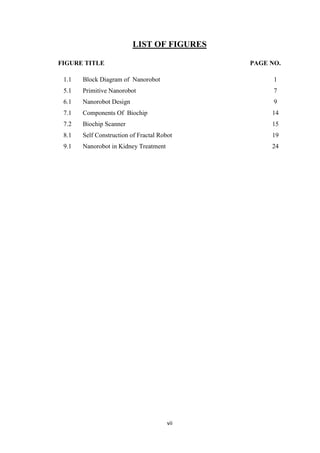 vii
LIST OF FIGURES
FIGURE TITLE PAGE NO.
1.1 Block Diagram of Nanorobot 1
5.1 Primitive Nanorobot 7
6.1 Nanorobot Design 9
7.1 Components Of Biochip 14
7.2 Biochip Scanner 15
8.1 Self Construction of Fractal Robot 19
9.1 Nanorobot in Kidney Treatment 24
 