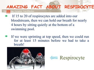 AMAZING FACT ABOUT RESPIROCYTE
!!!!
If 15 to 20 of respirocytes are added into our
bloodstream, then we can hold our breath for nearly
4 hours by sitting quietly at the bottom of a
swimming pool.
If we were sprinting at top speed, then we could run
for at least 15 minutes before we had to take a
breath!
Respirocyte
 