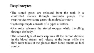 • The stored gases are released from the tank in a
controlled manner through molecular pumps. The
respirocytes exchange gases via molecular rotors
• Each respirocyte consists of 3 types of rotors.
• One rotor releases the stored oxygen while travelling
through the body.
• The second type of rotor captures all the carbon dioxide
in the blood stream and release at the lungs while the
third rotor takes in the glucose from blood stream as fuel
source.
Respirocytes
 