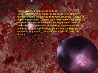 es el microbívoro, un leucocito artificial.
Una de las funciones principales de los leucocitos es absorber y
asimilar invasores microbianos del torrente sanguíneo. Es lo que se
denomina fagocitosis. Los nanorobots microbívoros desempeñarían
esta labor pero mucho más rápido, con mayor fiabilidad y bajo
control humano. Igual que el respirocito, el microbívoro es mucho
más pequeño que un glóbulo rojo, pero es más complejo que el
respirocito ya que en su construcción se emplea 30 veces más
átomos.
 