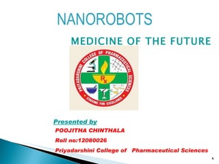 [object Object],POOJITHA CHINTHALA  Roll no:12080026 Priyadarshini College of  Pharmaceutical Sciences NANOROBOTS Presented by 