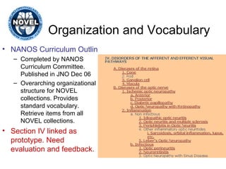 Organization and Vocabulary NANOS Curriculum Outline Completed by NANOS Curriculum Committee. Published in JNO Dec 06 Overarching organizational structure for NOVEL collections. Provides standard vocabulary. Retrieve items from all NOVEL collections.  Section IV linked as prototype. Need evaluation and feedback. 
