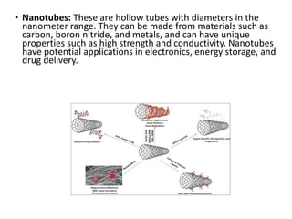 • Nanotubes: These are hollow tubes with diameters in the
nanometer range. They can be made from materials such as
carbon, boron nitride, and metals, and can have unique
properties such as high strength and conductivity. Nanotubes
have potential applications in electronics, energy storage, and
drug delivery.
 