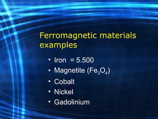 Ferromagnetic materials examples Iron  = 5.500 Magnetite (Fe 3 O 4 ) Cobalt Nickel  Gadolinium 