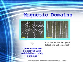 Magnetic Domains The domains are delineated with colloidal iron oxide particles FOTOMICROGRAFY   (Bell Telephone Laboratories)  From:  http://www.feiradeciencias.com.br/sala13/13_38.asp 