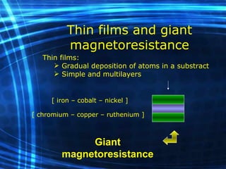 Thin films and giant magnetoresistance Thin films: Gradual deposition of atoms in a substract Simple and multilayers [ iron – cobalt – nickel ] [ chromium – copper – ruthenium ] Giant magnetoresistance 