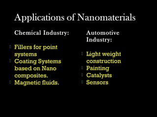 Chemical Industry: 
 Fillers for point 
systems 
 Coating Systems 
based on Nano 
composites. 
 Magnetic fluids. 
Automotive 
Industry: 
 Light weight 
construction 
 Painting 
 Catalysts 
 Sensors 
 