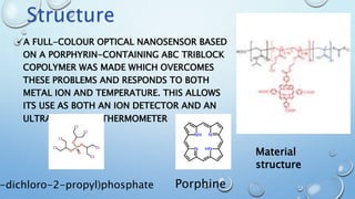 A FULL-COLOUR OPTICAL NANOSENSOR BASED
ON A PORPHYRIN-CONTAINING ABC TRIBLOCK
COPOLYMER WAS MADE WHICH OVERCOMES
THESE PROBLEMS AND RESPONDS TO BOTH
METAL ION AND TEMPERATURE. THIS ALLOWS
ITS USE AS BOTH AN ION DETECTOR AND AN
ULTRA-SENSITIVE THERMOMETER
-dichloro-2-propyl)phosphate Porphine
Material
structure
Structure
 