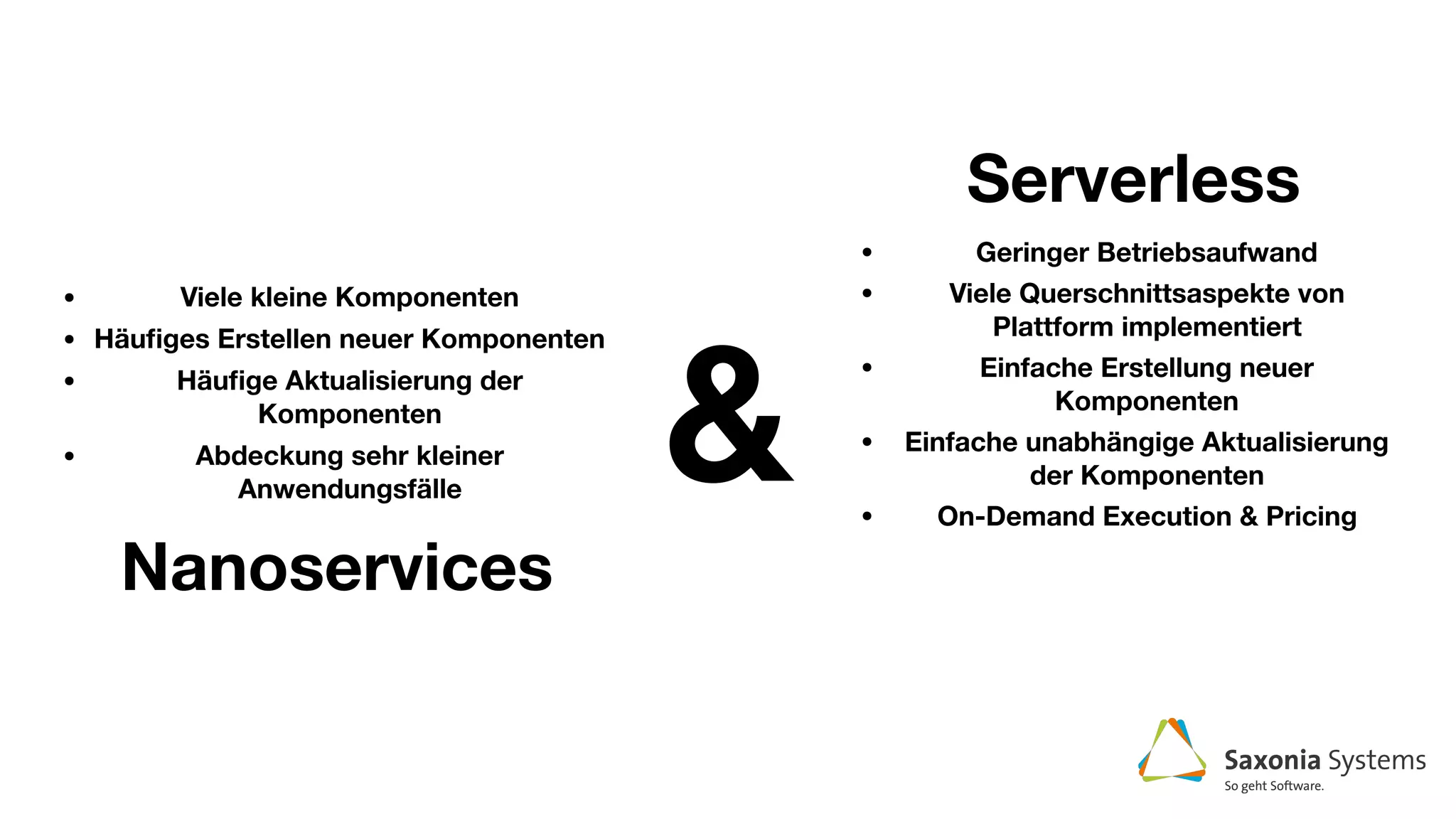 Nanoservices
Serverless
&
• Viele kleine Komponenten
• Häuﬁges Erstellen neuer Komponenten
• Häuﬁge Aktualisierung der
Komponenten
• Abdeckung sehr kleiner
Anwendungsfälle
• Geringer Betriebsaufwand
• Viele Querschnittsaspekte von
Plattform implementiert
• Einfache Erstellung neuer
Komponenten
• Einfache unabhängige Aktualisierung
der Komponenten
• On-Demand Execution & Pricing
 