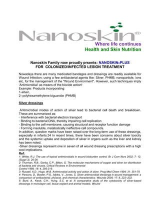Where life continues
Health and Skin Nutrition
Nanoskin Family now proudly prsents: NANOSKIN®PLUS
FOR COLONIZED/INFECTED LESION TREATMENT
Nowadays there are many medicated bandages and dressings are readily available for
Wound Infection; using a few antibacterial agents like: Silver, PHMB, nanoparticle, ions
etc, for the management of the "Wound Environment". However, such techniques imply
‘Antimicrobial’ as means of the biocide action!
Example: Products incorporating:
1-silver,
2- polyhexamethylene biguanide (PHMB)
Silver dressings
Antimicrobial modes of action of silver lead to bacterial cell death and breakdown.
These are summarized as:
• Interference with bacterial electron transport
• Binding to bacterial DNA, thereby impairing cell replication
• Binding to the cell membrane, causing structural and receptor function damage
• Forming insoluble, metabolically ineffective cell compounds.
In addition, question marks have been raised over the long-term use of these dressings,
especially in infants.34 In recent times, there have been concerns about silver toxicity
and the systemic uptake and deposition of silver in organs such as the liver and kidney
has been noted.
-Silver dressings represent one in seven of all wound dressing prescriptions with a high
cost implications.
Ref:
1- White, R.J. The use of topical antimicrobials in wound bioburden control. Br J Com Nurs 2002; 7: 12,
(Suppl 3), 20-26.
2- Thurman, R.B., Gerba, C.P., Bitton, G. The molecular mechanisms of copper and silver ion disinfection
of bacteria and viruses. Critical Reviews in Environmental
Control 1989; 18: 4, 295-315.
3- Russell, A.D., Hugo, W.B. Antimicrobial activity and action of silver. Prog Med Chem 1994; 31: 351-70
4- Parsons, D., Bowler, P.G., Myles, V., Jones, S. Silver antimicrobial dressings in wound management: a
comparison of antibacterial, physical, and chemical characteristics. Wounds 2005; 17: 8, 222–232.
5- Burd, A., Kwok, C.H., Hung, S.C. et al. A comparative study of the cytotoxicity of silver-based
dressings in monolayer cell, tissue explant and animal models. Wound

 