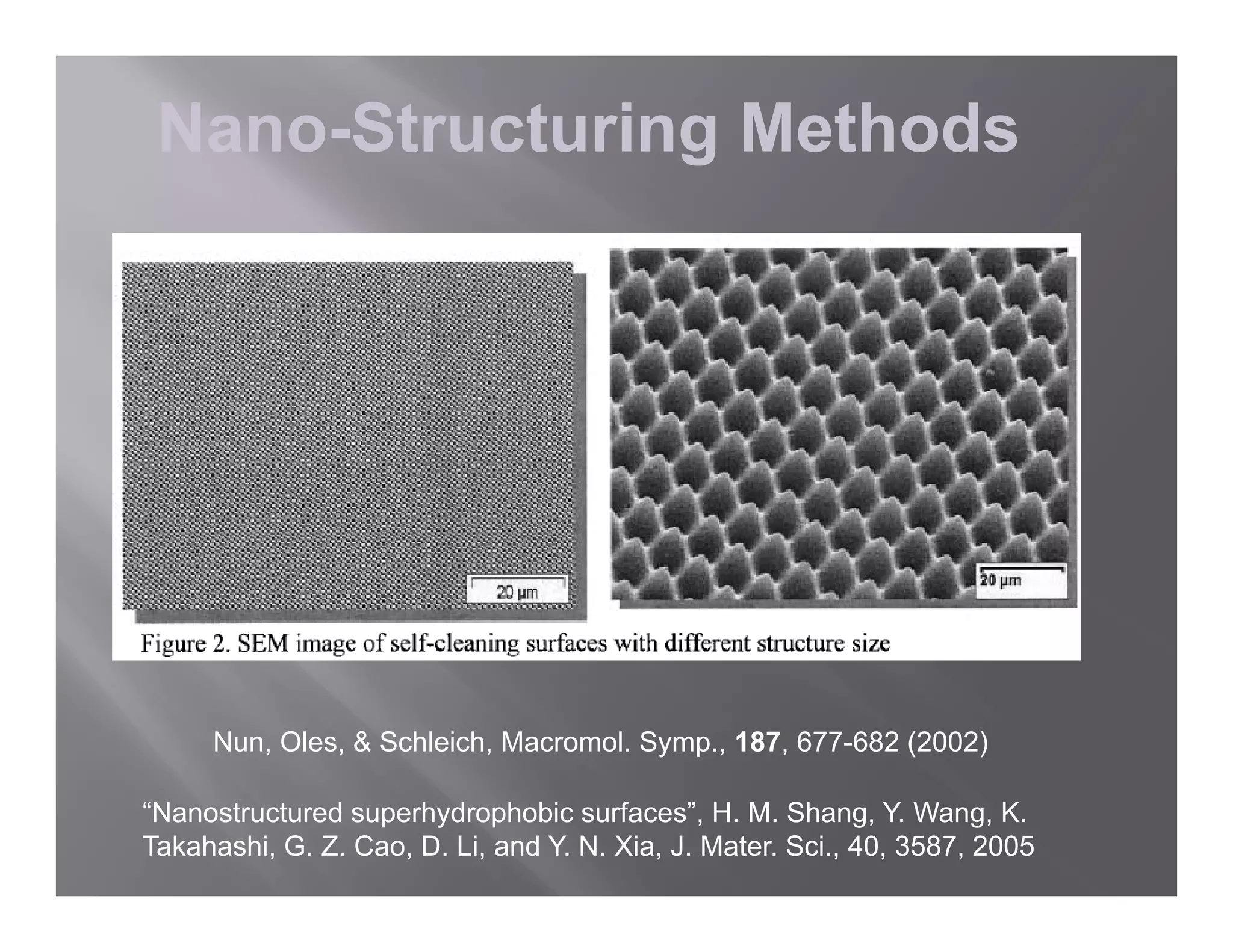 Nano-Structuring Methods




     Nun, Oles, & Schleich, Macromol. Symp., 187, 677-682 (2002)

“Nanostructured superhydrophobic surfaces”, H. M. Shang, Y. Wang, K.
Takahashi, G. Z. Cao, D. Li, and Y. N. Xia, J. Mater. Sci., 40, 3587, 2005
 