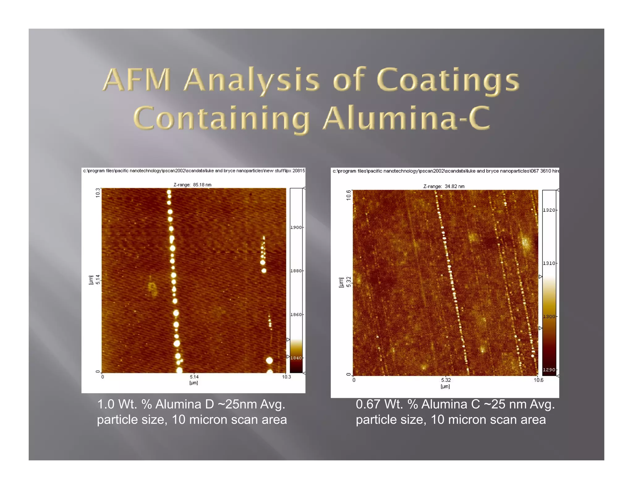 1.0 Wt. % Alumina D ~25nm Avg.       0.67 Wt. % Alumina C ~25 nm Avg.
particle size, 10 micron scan area   particle size, 10 micron scan area
 