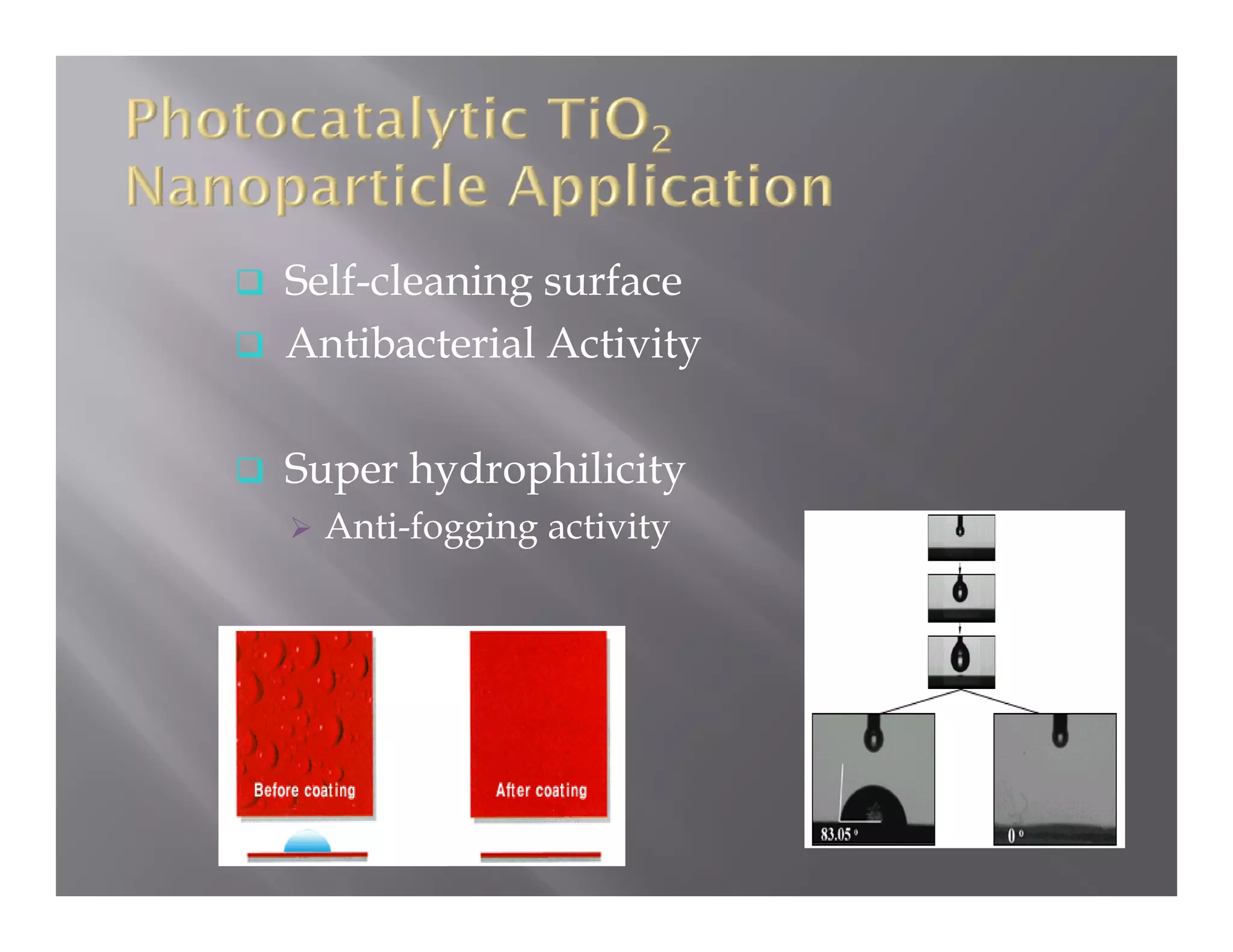 g
Self-cleaning surface
Antibacterial Activity

Super hydrophilicity
  Anti fogging
  Anti-fogging activity
 