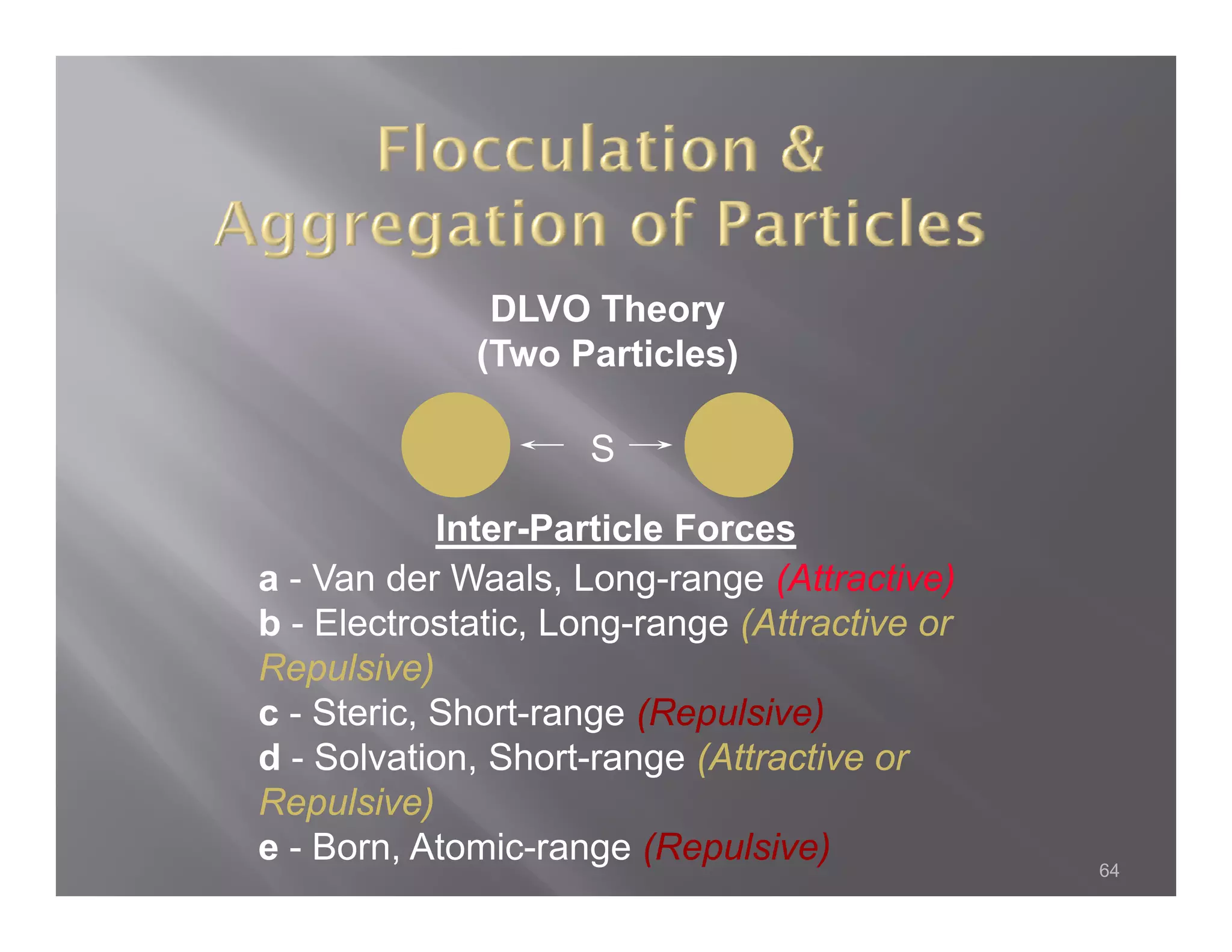 Theory
              DLVO Th
             (Two Particles)

                    S

            Inter Particle
            Inter-Particle Forces
a - Van der Waals, Long-range (Attractive)
b - Electrostatic, Long-range (Attractive or
Repulsive)
R     l i )
c - Steric, Short-range (Repulsive)
                         g (
d - Solvation, Short-range (Attractive or
Repulsive)
e - Born, Atomic-range (Repulsive)             64
 