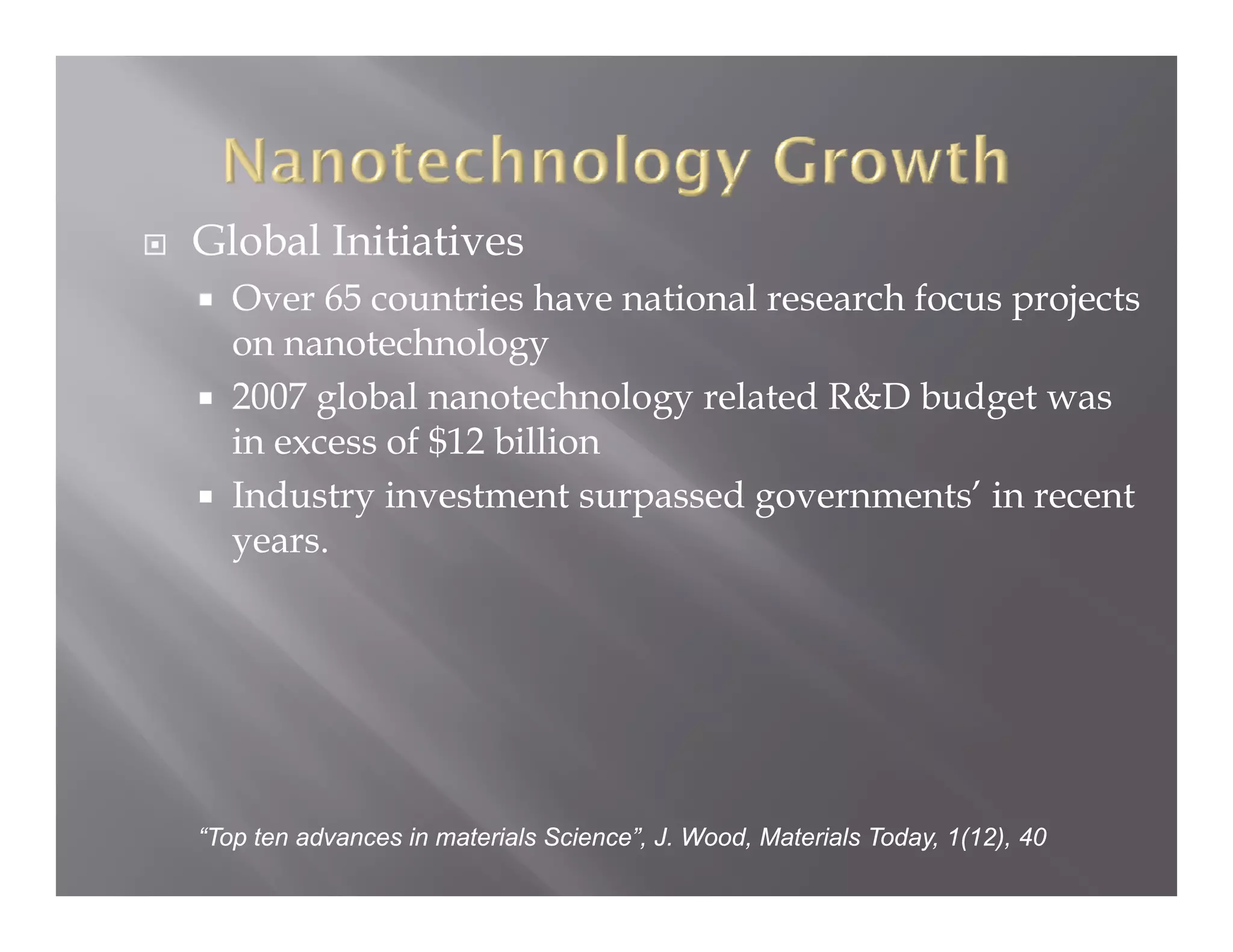 Global Initiatives
   Over 65 countries have national research focus projects
   on nanotechnology
   2007 global nanotechnology related R&D budget was
        g                   gy                  g
   in excess of $12 billion
   Industry investment surpassed governments’ in recent
   years.
   years




“Top ten advances in materials Science”, J. Wood, Materials Today, 1(12), 40
 