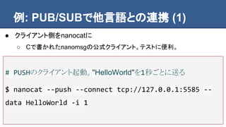 例: PUB/SUBで他言語との連携 (1)
# PUSHのクライアント起動。"HelloWorld"を1秒ごとに送る
$ nanocat --push --connect tcp://127.0.0.1:5585 --
data HelloWorld -i 1
● クライアント側をnanocatに
○ Cで書かれたnanomsgの公式クライアント。テストに便利。
 