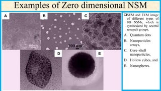 SEM and TEM image
of different types of
0D NSMs, which is
synthesized by several
research groups.
A. Quantum dots
B. Nanoparticles
arrays,
C. Core–shell
nanoparticles,
D. Hollow cubes, and
E. Nanospheres.
Examples of Zero dimensional NSM
 