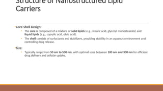 Structure of Nanostructured Lipid
Carriers
•Core-Shell Design:
• The core is composed of a mixture of solid lipids (e.g., stearic acid, glyceryl monostearate) and
liquid lipids (e.g., caprylic acid, oleic acid).
• The shell consists of surfactants and stabilizers, providing stability in an aqueous environment and
controlling drug release.
•Size:
• Typically range from 50 nm to 500 nm, with optimal sizes between 100 nm and 300 nm for efficient
drug delivery and cellular uptake.
 