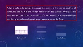 When a Bulk metal particle is reduced to a size of a few tens or hundreds of
atoms, the density of states changes dramatically. The changes observed in the
electronic structure during the transition of a bulk material to a large nanocluster
and then to a small nanocluster of tens of atoms are as per the figure.
Bulk material Large cluster Small cluster
 