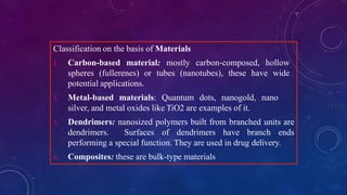 Classification on the basis of Materials
1. Carbon-based material: mostly carbon-composed, hollow
spheres (fullerenes) or tubes (nanotubes), these have wide
potential applications.
2. Metal-based materials: Quantum dots, nanogold, nano
silver, and metal oxides like TiO2 are examples of it.
3. Dendrimers: nanosized polymers built from branched units are
dendrimers. Surfaces of dendrimers have branch ends
performing a special function. They are used in drug delivery.
4. Composites: these are bulk-type materials
 