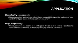 APPLICATION
Bioavailability enhancement:
Nanosuspensions resolve the problem of poor bioavailability by solving problems of poor
solubility and poor permeability across the membrane.[12]
Target drug delivery:
Nanosuspensions can also be used for targeted delivery as their surface properties and
in vivo behaviour can easily be altered by changing either the stabilizer.[12]
 