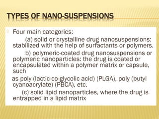  Four main categories:
(a) solid or crystalline drug nanosuspensions:
stabilized with the help of surfactants or polymers.
b) polymeric-coated drug nanosuspensions or
polymeric nanoparticles: the drug is coated or
encapsulated within a polymer matrix or capsule,
such
as poly (lactic-co-glycolic acid) (PLGA), poly (butyl
cyanoacrylate) (PBCA), etc.
(c) solid lipid nanoparticles, where the drug is
entrapped in a lipid matrix
 
