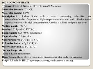 DICHLOROMETHANE
SynonymsFreon30; Nevolin; Driverit;Freon30;Metaclen
Molecular Formula: CH2Cl2
Molecular Weight: 84.93
Description:A colorless liquid with a sweet, penetrating, ether-like odor.
Noncombustible by if exposed to high temperatures may emit toxic chloride fumes.
Vapors are narcotic in high concentrations. Used as a solvent and paint remover.
Melting point: -97 °C
Density:1.325g/mLat25°C(lit.)
Boiling point: 39.8-40 °C mm Hg(lit.)
Vapor density : 2.9 (vs air)
Vapor pressure : 24.45 psi ( 55 °C)
Refractive index : n20
D 1.424(lit.)
Water Solubility: 20 g/L (20 ºC)
Storage temperature
Store at Room temperature.
Hazards:Anesthetic effects, nausea and drunkenness. skin and eyes irritation.
Usage:Suitable for HPLC, spectrophotometry, environmental testing.
 