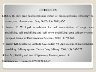 REFERENCES
1.Dubey R, Pure drug nanosuspensions impact of nanosuspensions technology on
iscovery and development. Drug Del.Tech 6, 2006, 65-71.
2. Pouton, C. W. Lipid formulations for oral administration of drugs: non-
emulsifying, self-emulsifying and ‘self-micro emulsifying’ drug delivery systems.
European Journal of Pharmaceutical Sciences. 2000; 11:S93–S98.
3 . Jadhav KR, Shaikh IM, Ambade KW, Kadam VJ. Applications of microemulsion
based drug delivery system. Current Drug delivery. 2006; 3(3): 267-273.
4.Riaz M., Stability and uses of liposomes. Pakistan journal of
Pharmaceutical Sciences.1995; 8(2): 69-79.
.
 