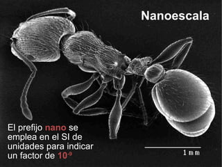 El prefijo  nano  se emplea en el SI de unidades para indicar un factor de  10 -9 Nanoescala 