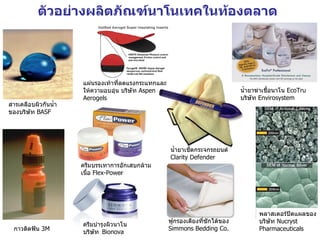ตัวอย่างผลิตภัณฑ์นาโนเทคในท้องตลาด




                      แผ่นรองเท้าที่ลดแรงกระแทกและ
                      ให้ความอบอุ่น บริษัท Aspen                               นำ้ายาฆ่าเชือนาโน EcoTru
                                                                                           ้
                      Aerogels                                                 บริษัท Envirosystem
สารเคลือบผิวกันนำ้า
ของบริษัท BASF




                                                     นำ้ายาเช็ดกระจกรถยนต์
                                                     Clarity Defender
                      ครีมบรรเทาการอักเสบกล้าม
                      เนื้อ Flex-Power




                                                                                     พลาสเตอร์ปิดแผลของ
                                                     ฟูกรองเตียงที่ซักได้ของ         บริษัท Nucryst
                      ครีมบำารุงผิวนาโน
  กาวติดฟัน 3M                                       Simmons Bedding Co.             Pharmaceuticals
                      บริษัท Bionova
 