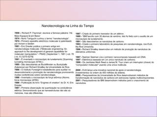 1959 –  Richard P. Feynman   escreve a famosa palestra ´Há Mais Espaços lá em Baixo’ 1974 -  Norio Taniguchi cunhou o termo “nanotecnologia”. 1974 -  Primeiro aparelho eletrônico molecular é patenteado por Aviram e Seiden 1981 -  Eric Drexler publica o primeiro artigo em nanotecnologia molecular. [”Molecular engineering: An approach to the development of general capabilities for molecular manipulation.“- PNAS | September 1, 1981 | vol. 78 | no. 9 | 5275-5278] 1981 -  É inventado o microscópio de tunelamento (Scanning tunneling microscope (STM) ). 1985 -  São descobertas as BuckMinster ou Buckyballs (fulerenos) por Richard Smalley da Universidade de Rice. 1986 -  O instituto Foresight é estabelecido para auxiliar no desenvolvimento e promoção da nanotecnologia promovendo muitas conferências sobre nanotecnologia. 1986 -  Inventado o microscópio de força atômica (Atomic force microscope (AFM)) 1986 -  Publicação do livro “Engines of creation” do Dr. K. Eric Drexler. 1987 -  Primeira observação da quantização na condutância elétrica. Demonstrando que as nanoestruturas não são só menores, mas são diferentes. 1987 -  Criado do primeiro transistor de um elétron. 1989 -  “IBM”escrito com 35 átomos de xenônio. Isto foi feito com o auxilio de um microscópio de tunelamento. 1991 -  São descobertos os nanotubos de carbono. 1993 -  Criado o primeiro laboratório de pesquisas em nanotecnologia, nos EUA. Na Rice University. 1996 -  Richard Smalley desenvolve um método de produção de nanotubos de diâmetros uniformes. 1997 -  Nadrian Seeman cria o primeiro nanocomposto baseado em DNA. 1997 -  Eletrônica baseada em um único nanotubo de carbono. 1999 -  Os cientistas Mark Reed e James M. Tour criam um interruptor (chave) do "computador molecular" usando uma única molécula. 2000 -  EUA lança uma iniciativa nacional de apoio à nanotecnologia. Investimentos na ordem de 400 milhões de dólares. 2000 -  Pesquisadores da Universidade de Rice desenvolveram métodos de transformação de nanotubos de carbono em estruturas rígidas multicomponentes. 2001 -  Pesquisadores da IBM desenvolvem métodos para o crescimento de nanotubos. Nanotecnologia na Linha do Tempo 