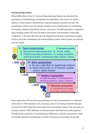 FOUR GENERATIONS
Mihail (Mike) Roco of the U.S. National Nanotechnology Initiative has described four
generations of nanotechnology development (see chart below). The current era, as Roco
depicts it, is that of passive nanostructures, materials designed to perform one task. The
second phase, which we are just entering, introduces active nanostructures for multitasking;
for example, actuators, drug delivery devices, and sensors. The third generation is expected to
begin emerging around 2010 and will feature nanosystems with thousands of interacting
components. A few years after that, the first integrated nanosystems, functioning (according
to Roco) much like a mammalian cell with hierarchical systems within systems, are expected
to be developed.
Some experts may still insist that nanotechnology can refer to measurement or visualization
at the scale of 1-100 nanometers, but a consensus seems to be forming around the idea (put
forward by the NNI's Mike Roco) that control and restructuring of matter at the nanoscale is a
necessary element. CRN's definition is a bit more precise than that, but as work progresses
through the four generations of nanotechnology leading up to molecular nanosystems, which
will include molecular manufacturing, we think it will become increasingly obvious that
6
 