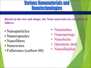 • Nanoparticles
• Nanocapsules
• Nanofibers
• Nanowires
• Fullerenes (carbon 60)
• Nanotubes
• Nanosprings
• Nanobelts
• Quantum dots
• Nanofluidies
Based on the size and shape, the Nano materials are classified as
follows
 