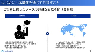 はじめに：本講演を通じて目指すこと
ご自身に適したブースで詳細なお話を聞ける状態
4
Before After
・企業で材料の研究開発に従事する技術者
・マテリアルズ・インフォマティクスという 言葉は
聞くが、その先には進んでいない
・各論の前に全体像を整理したい
・マテリアルズ・インフォマティクス概観を理解
・ご自身の興味 / 課題がイメージできる
・PFCC / Matlantisのことを知っている
・nano techでの情報収集がより有意義になる
 
