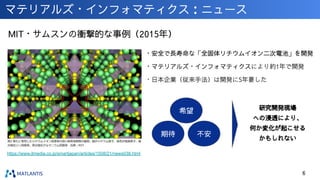 マテリアルズ・インフォマティクス：ニュース
MIT・サムスンの衝撃的な事例（2015年）
6
https://www.itmedia.co.jp/smartjapan/articles/1508/21/news038.html
・安全で長寿命な「全固体リチウムイオン二次電池」を開発
・マテリアルズ・インフォマティクスにより約1年で開発
・日本企業（従来手法）は開発に5年要した
希望
期待 不安
研究開発現場
への浸透により、
何か変化が起こせる
かもしれない
 