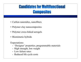 • Carbon nanotubes, nanofibers
• Polymer clay nanocomposites
• Polymer cross-linked aerogels
• Biomimetic hybrids
Expectations:
- ‘Designer’ properties, programmable materials
- High strength, low weight
- Low failure rates
- Reduced life cycle costs
 