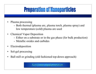 • Plasma processing
- Both thermal (plasma arc, plasma torch, plasma spray) and
low temperature (cold) plasma are used
• Chemical Vapor Deposition
- Either on a substrate or in the gas phase (for bulk production)
- Metallic oxides and carbides
• Electrodeposition
• Sol-gel processing
• Ball mill or grinding (old fashioned top-down approach)
Key Issue: AgglomorationKey Issue: Agglomoration
 