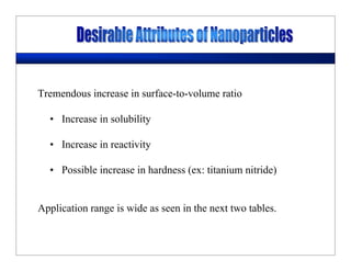 Tremendous increase in surface-to-volume ratio
• Increase in solubility
• Increase in reactivity
• Possible increase in hardness (ex: titanium nitride)
Application range is wide as seen in the next two tables.
 